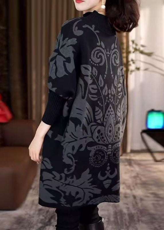 Plus Size Black Hign Neck Thick Print Knit Sweater Winter