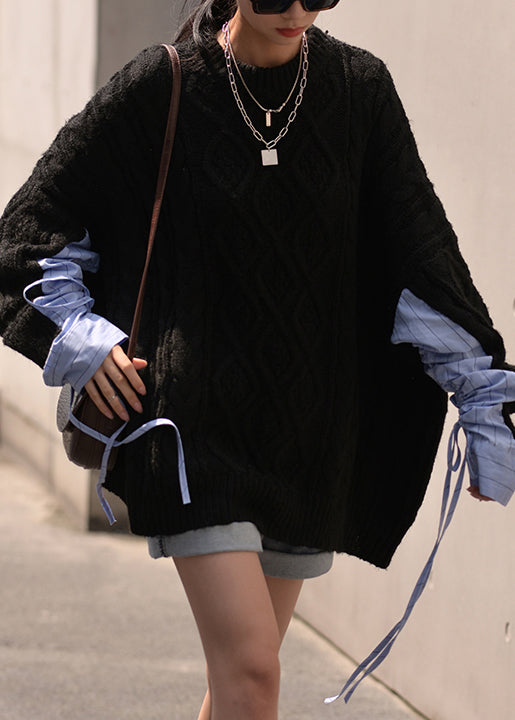 Plus Size Black O Neck Drawstring Cotton Knit Sweaters Fall