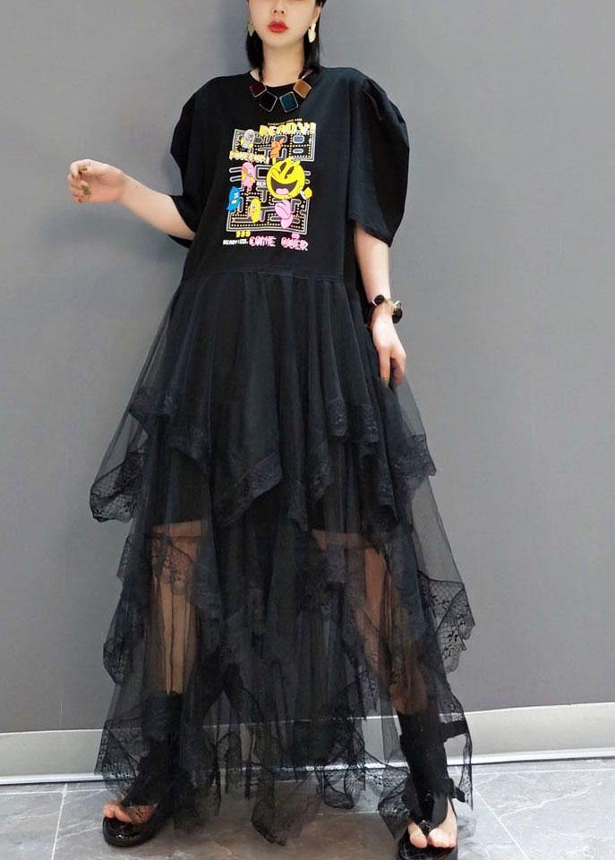 Plus Size Black O-Neck Print Half Sleeve Fall Dresses - SooLinen