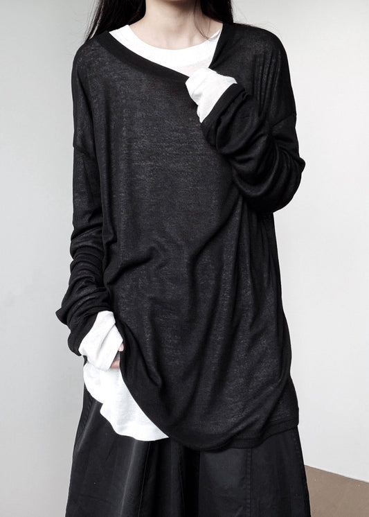Plus Size Black Oversized Cotton Loose Tops Fall