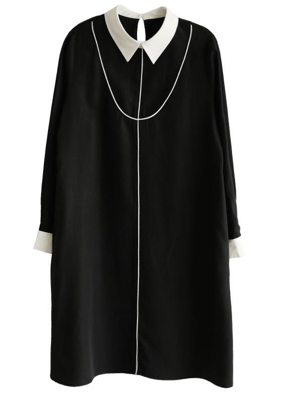Plus Size Black Peter Pan Collar Button Spring Long Dresses - SooLinen