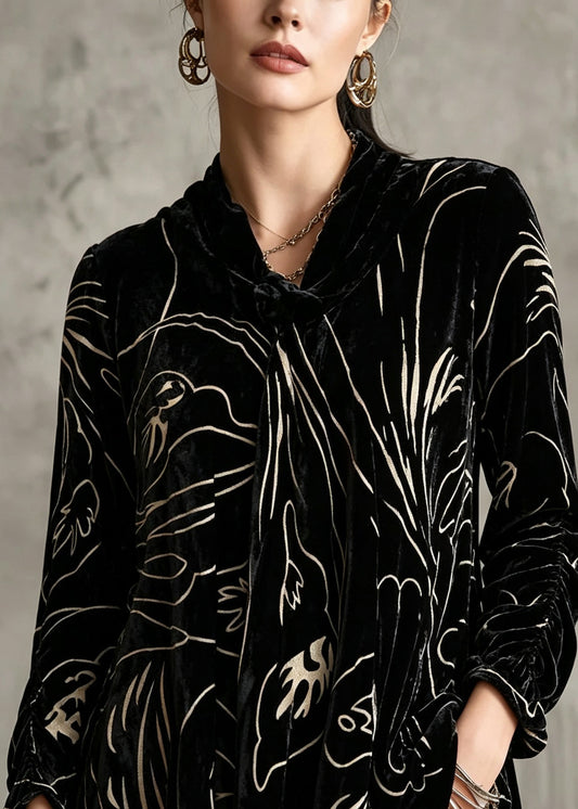 Plus Size Black Print Silk Velour Tops Long Sleeve
