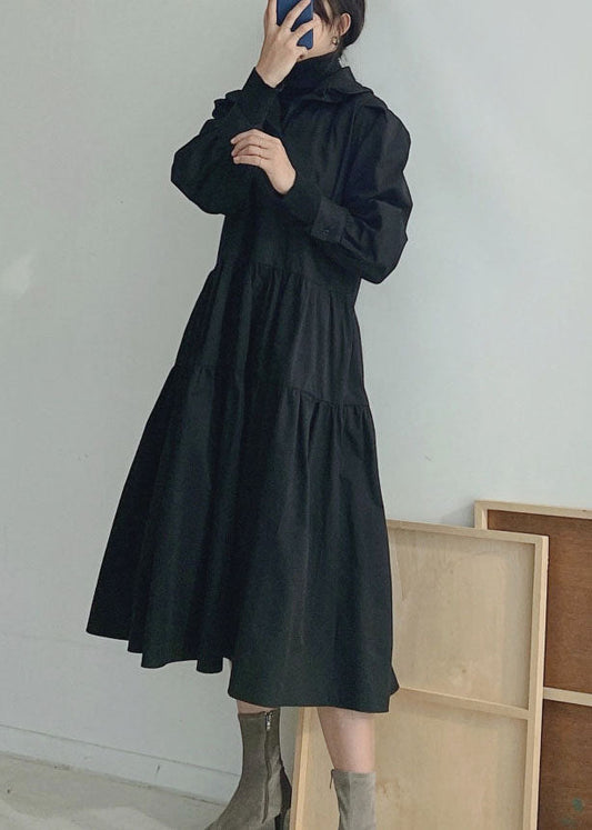 Plus Size Black Ruffled wrinkled Cotton Dress Spring