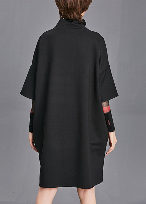 Plus Size Black Turtleneck Pockets Fall Half Sleeve Maxi Dress
