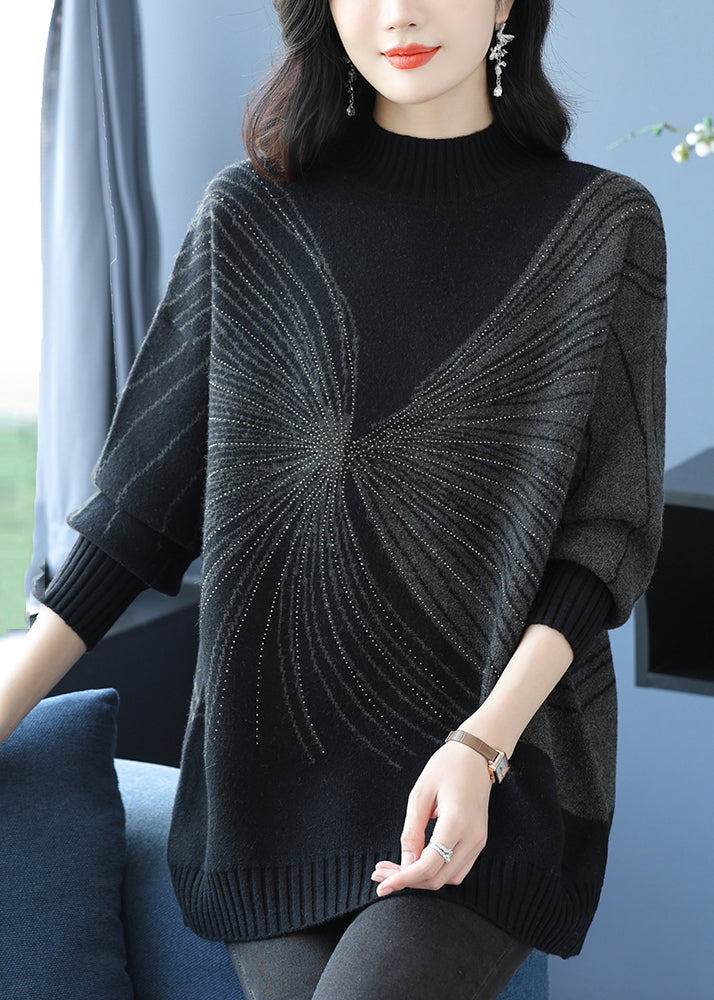 Plus Size Black Turtleneck Zircon Thick Knit Sweaters Fall