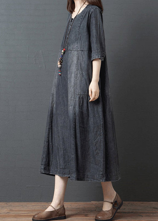 Plus Size Black V Neck Cotton Denim Holiday Dress Half Sleeve1