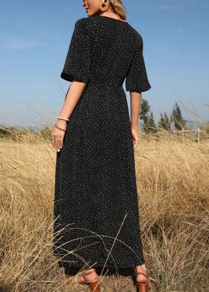 Plus Size Black V Neck Print High Waist Cotton Long Dress Half Sleeve