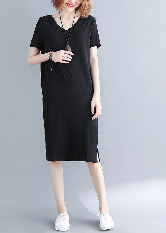 Plus Size Black side open Cotton Summer Dresses - SooLinen