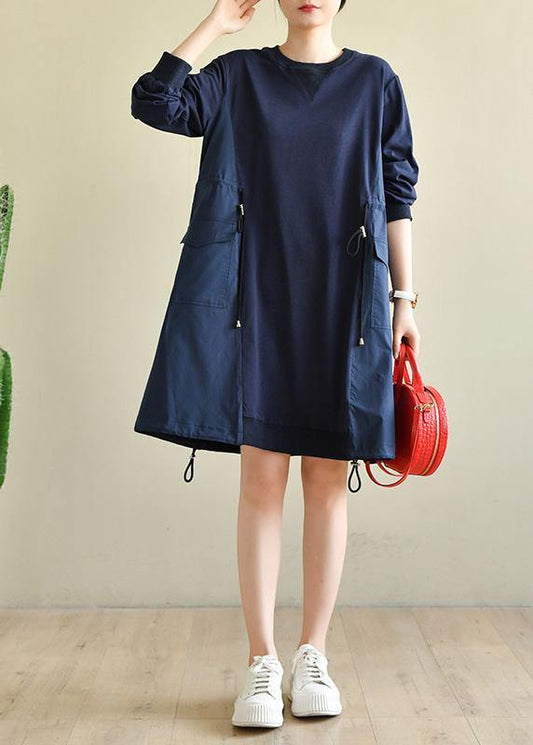 Plus Size Blue Cinched Cotton Patchwork Spring Dress - SooLinen