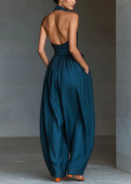 Plus Size Blue Cold Shoulder Linen Hatle Jumpsuits Summer