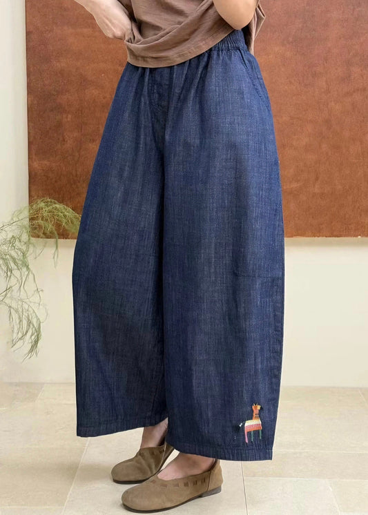 Plus Size Blue Embroidered Elastic Waist Denim Pants Fall