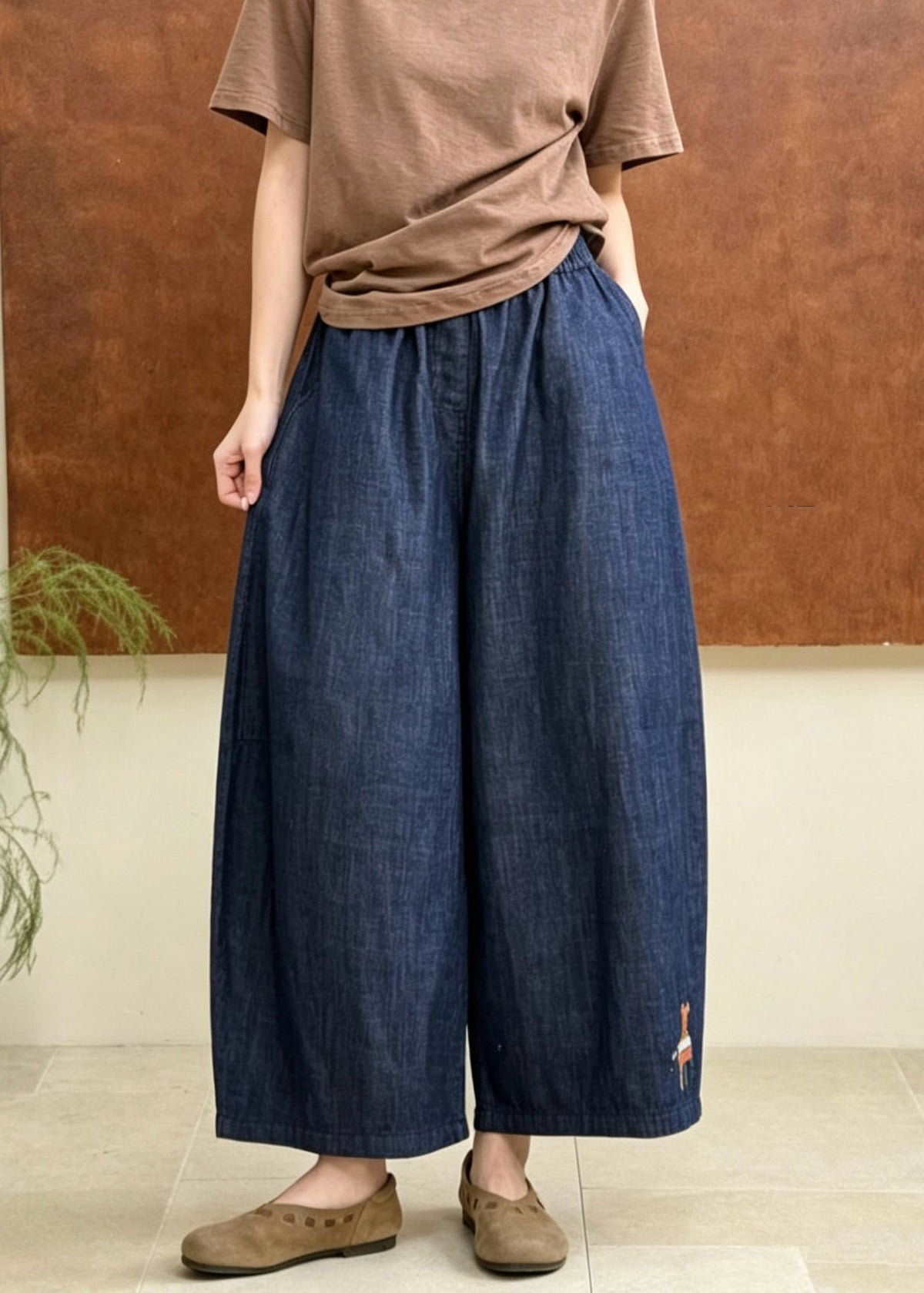 Plus Size Blue Embroidered Elastic Waist Denim Pants Fall
