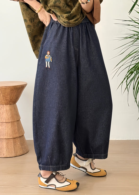 Plus Size Blue Embroidered Pockets Patchwork Denim Lantern Pants Fall