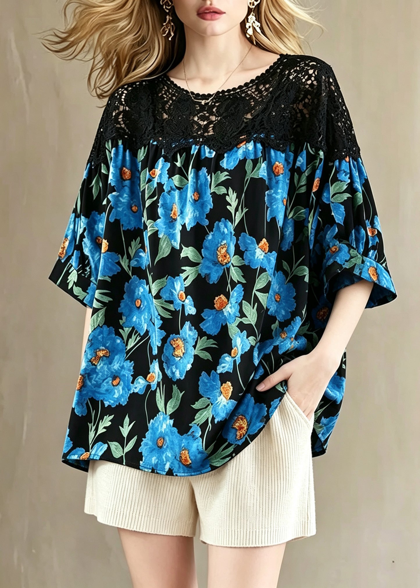 Plus Size Blue Floral O-Neck Lace Patchwork Top Summer