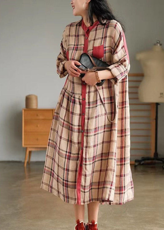 Plus Size Blue O-Neck Plaid Patchwork shirt Dress Spring