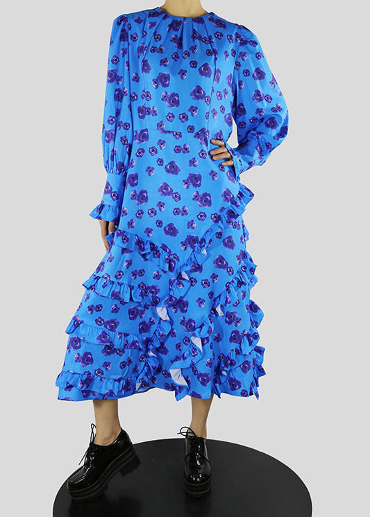 Plus Size Blue O-Neck tie waist Ruffled print Dress Spring