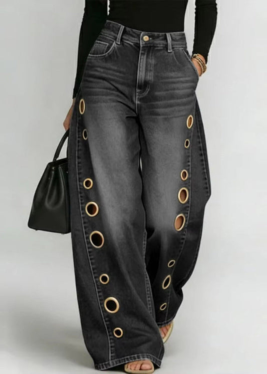Plus Size Blue Oversized Hollow Out Denim Wide Leg Pants Fall