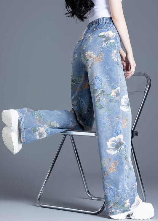 Plus Size Blue Oversized Print Denim Straight Pants Spring