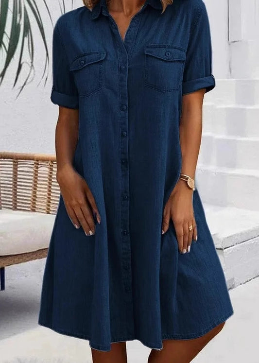Plus Size Blue Peter Pan Collar Pockets Patchwork Denim Dresses Summer