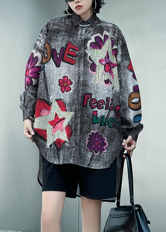 Plus Size Blue Peter Pan Collar Print Sequins Denim Shirts Long Sleeve