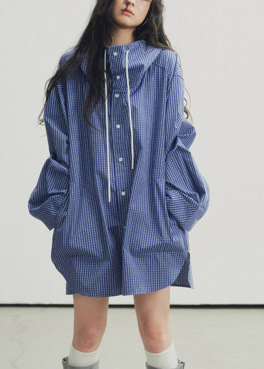Plus Size Blue Plaid Drawstring Button Hooded Shirt Lantern Sleeve