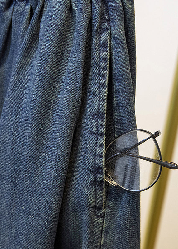 Plus Size Blue Pockets Patchwork Wide Leg Denim Pants Fall