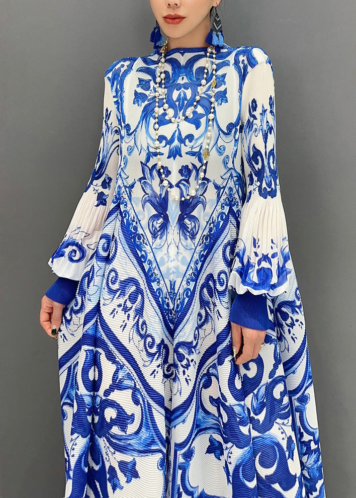 Plus Size Blue Print Exra Large Hem Holiday Dress Lantern Sleeve