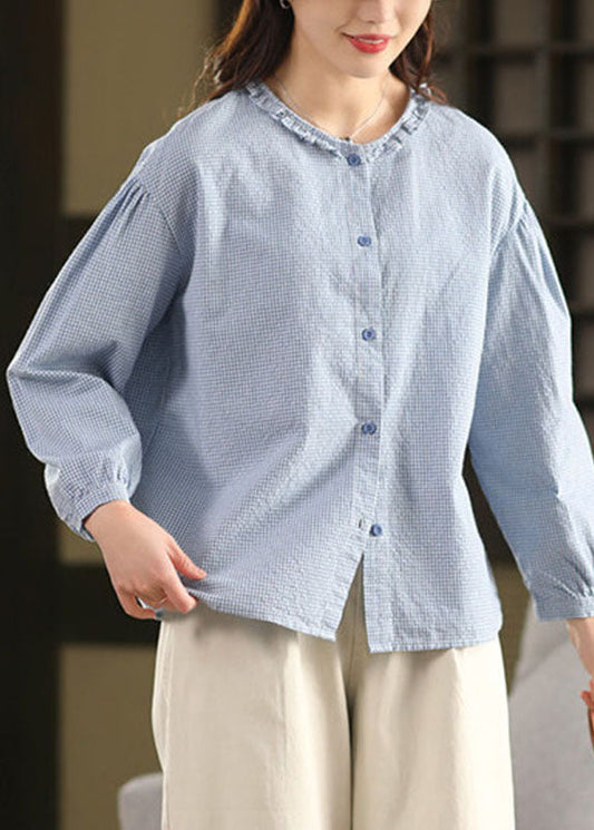 Plus Size Blue Ruffled Button Solid Shirt Fall