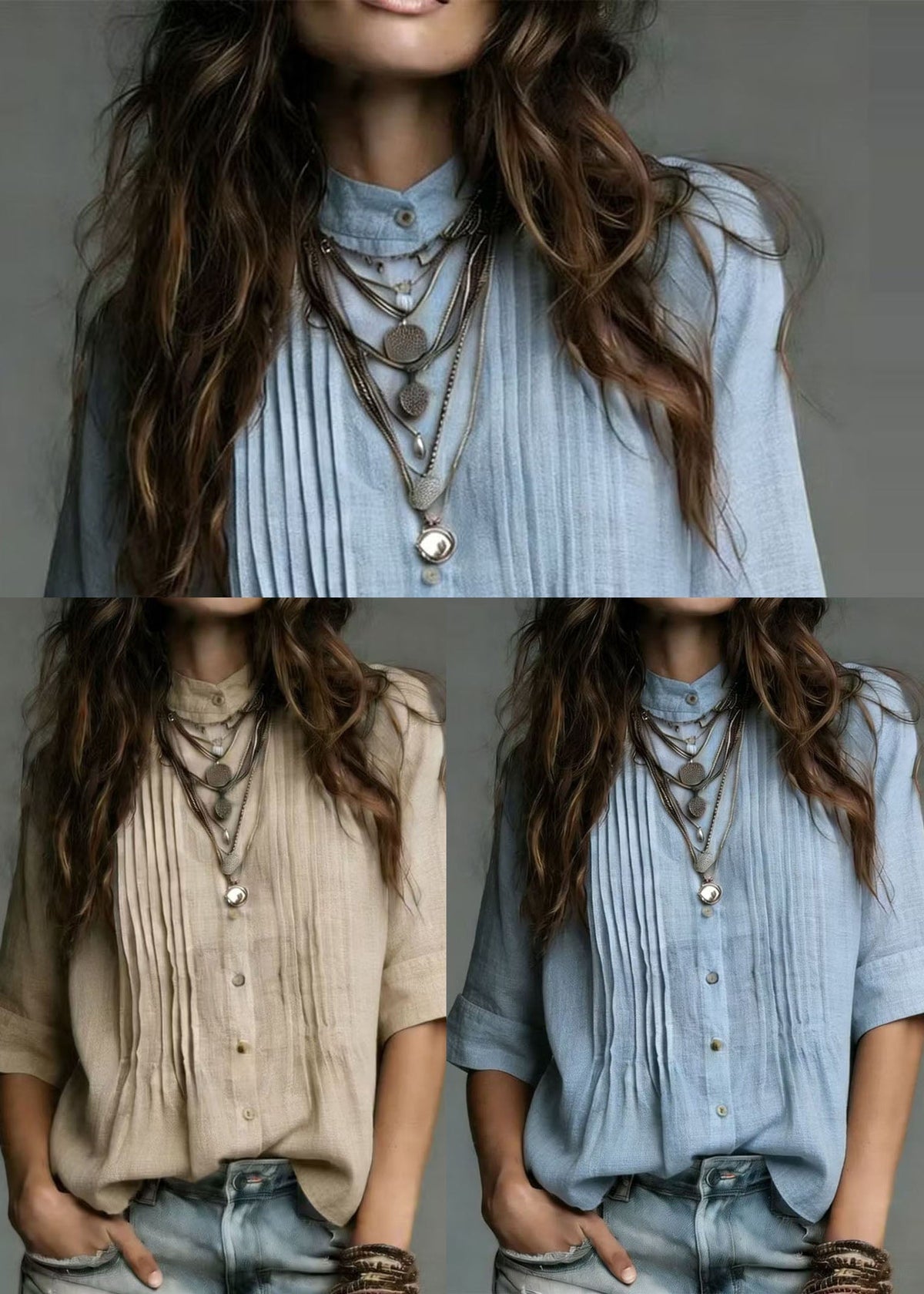 Plus Size Blue Stand Collar Wrinkled Linen Shirt Top Summer