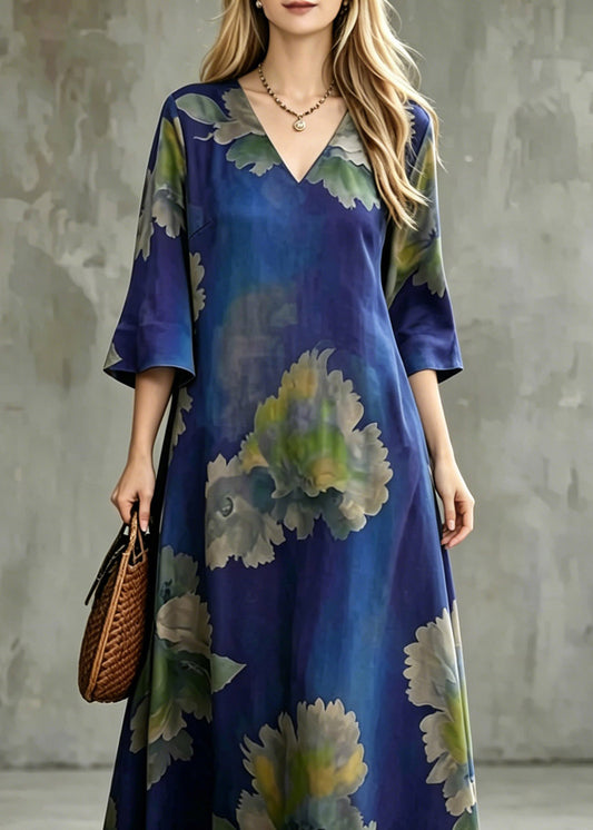 Plus Size Blue V Neck Patchwork Maxi Dress Half Sleeve