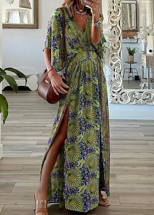 Plus Size Blue V Neck Print Side Open Cotton Maxi Dresses Summer