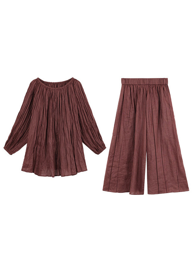 Plus Size Brown Cold Shoulder Wrinkled Linen Two Piece Suit Set Summer