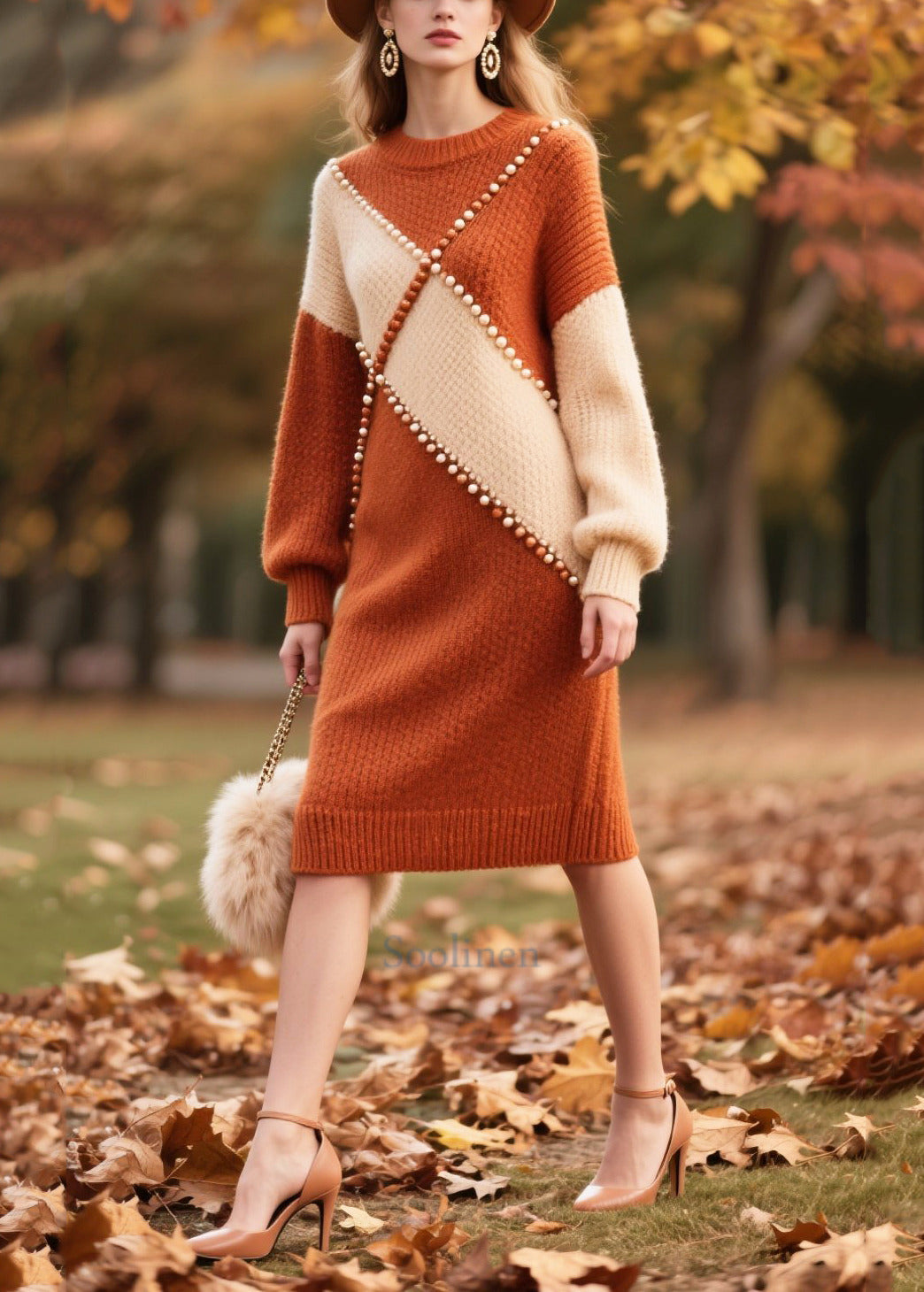 Plus Size Brown Nail Bead Patchwork Faux Fur Knitwear Dress Winter
