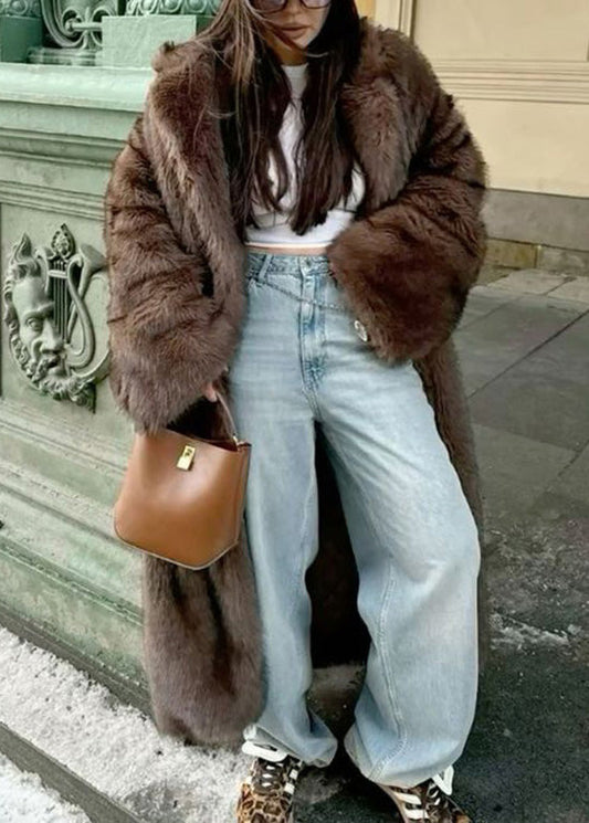 Plus Size Brown Peter Pan Collar Pockets Faux Fur Coats Winter