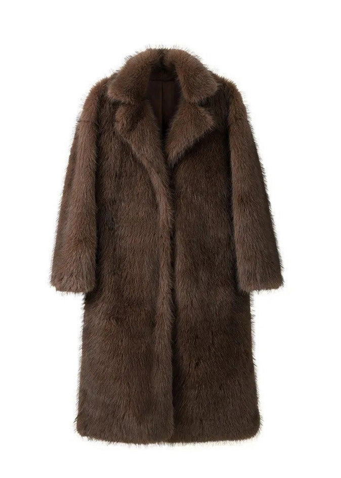 Plus Size Brown Peter Pan Collar Pockets Faux Fur Coats Winter