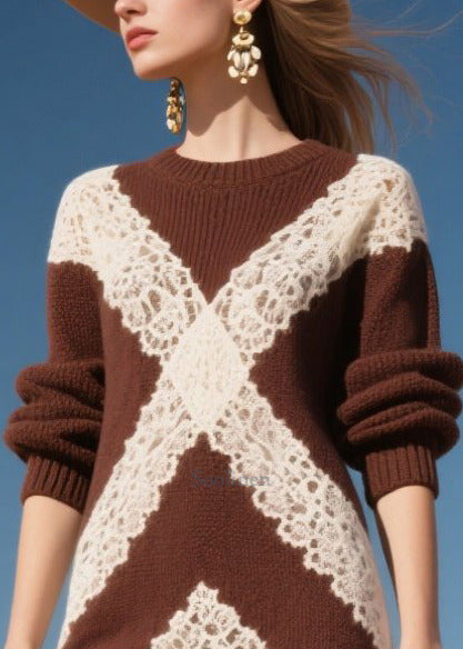 Plus Size Chocolate Hollow Out Patchwork Lace Knit Mid Dress Fall