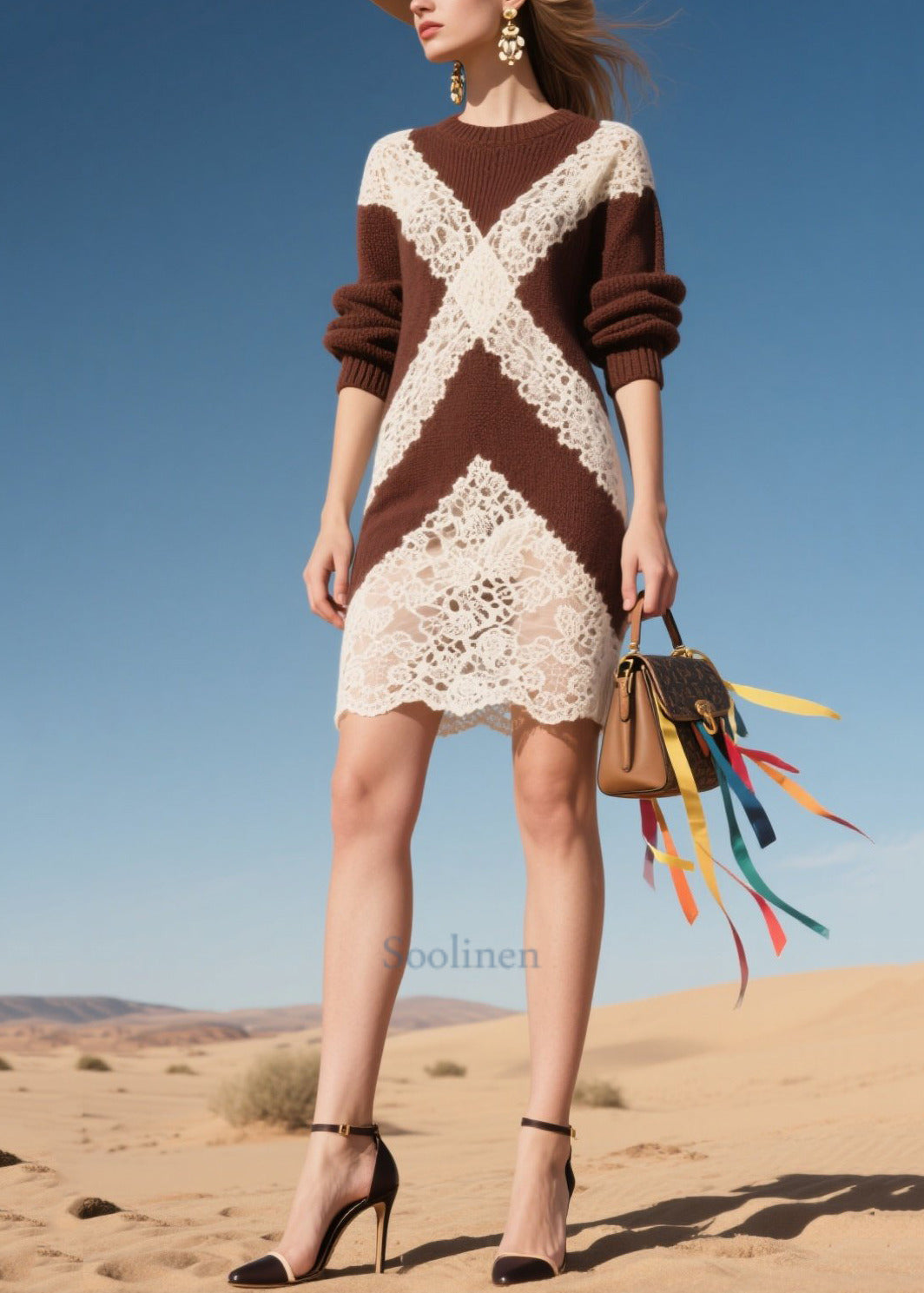 Plus Size Chocolate Hollow Out Patchwork Lace Knit Mid Dress Fall