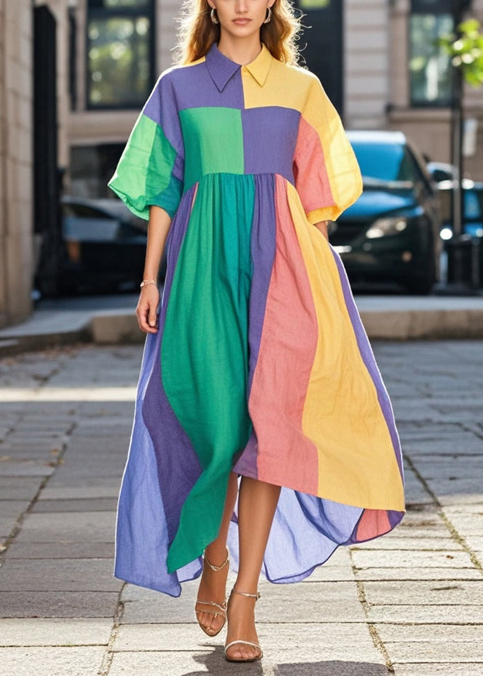 Plus Size Colorblock Asymmetrical Patchwork Cotton Long Dresses Spring