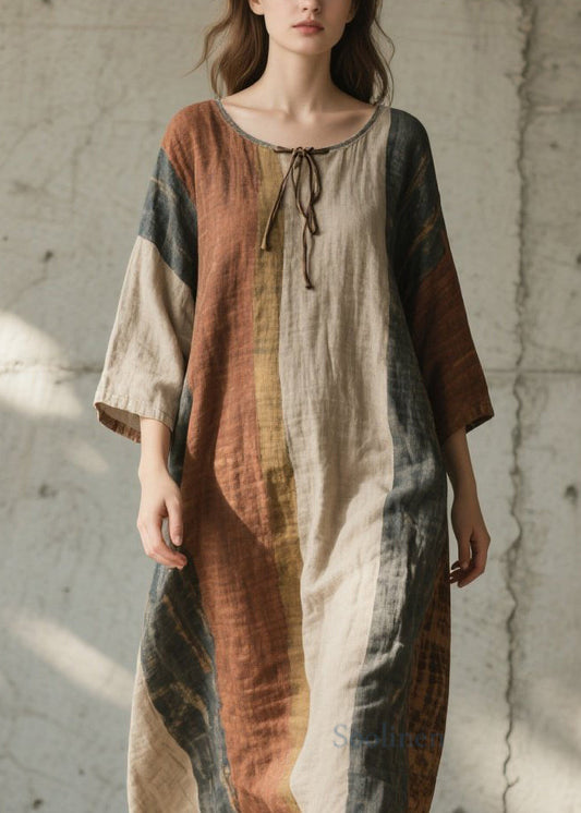 Plus Size Colorblock O Neck Cotton Long Dress Summer