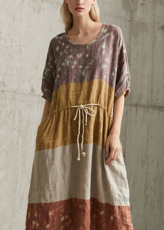 Plus Size Colorblock O Neck Lace Up Cotton Long Dress Summer