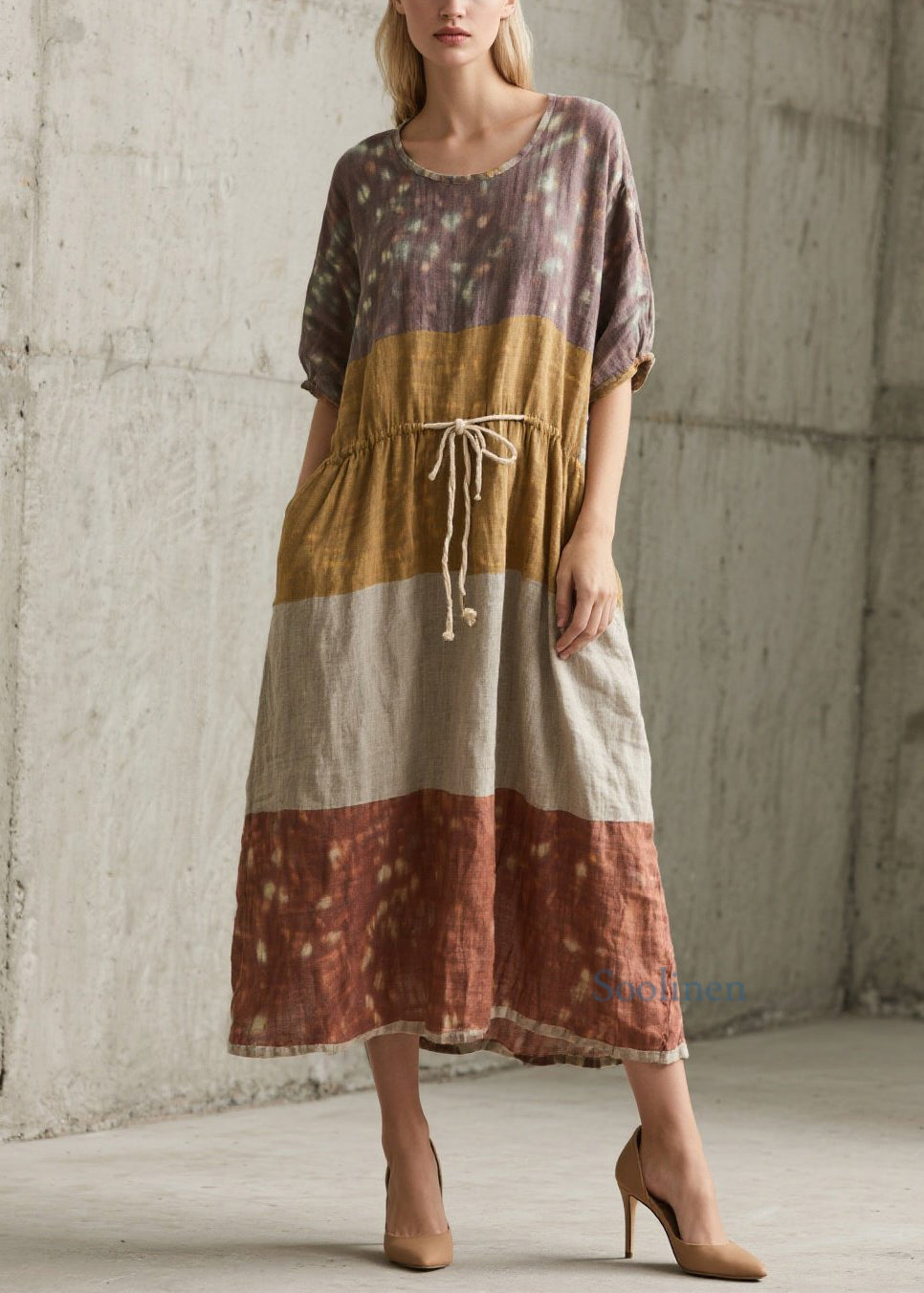 Plus Size Colorblock O Neck Lace Up Cotton Long Dress Summer