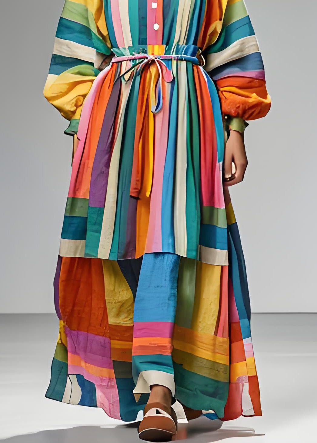 Plus Size Colorblock Square Collar Tie Waist Patchwork Cotton Dress Long Sleeve