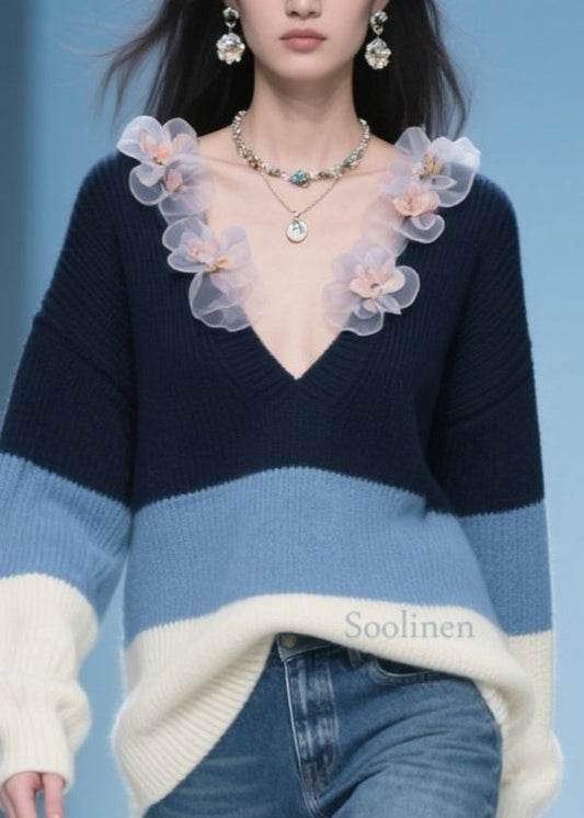 Plus Size Colorblock V Neck Floral Knit Sweater Fall