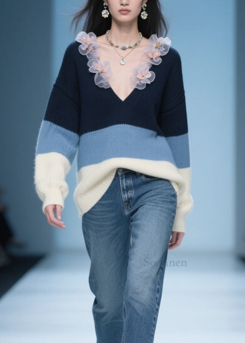 Plus Size Colorblock V Neck Floral Knit Sweater Fall