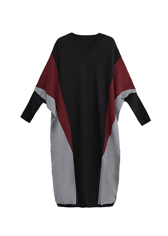 Plus Size Colorblock V Neck Patchwork Knitwear Dress Batwing Sleeve
