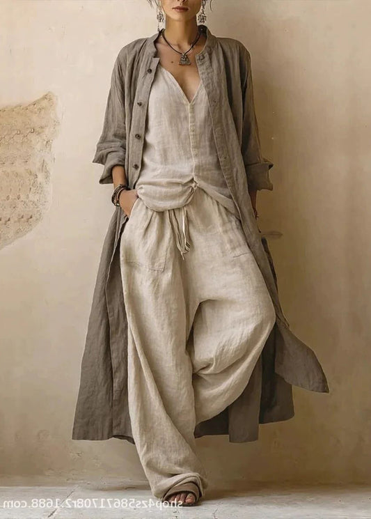 Plus Size Dark Brown O-Neck Cardigans Top And Wide Leg Pants Three Pieces Set Long Sleeve