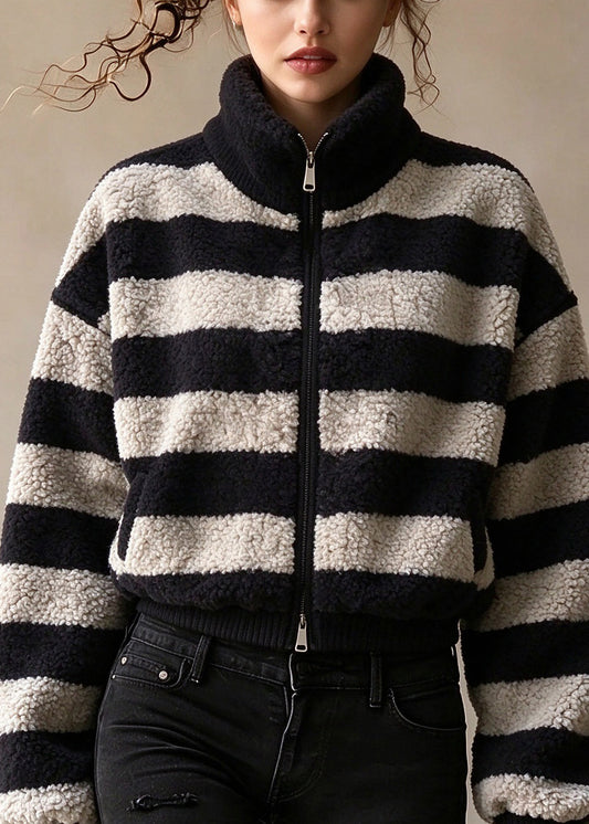 Plus Size Dark Grey Hign Neck Zippered Woolen Jackets Winter