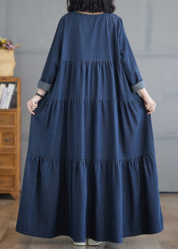 Plus Size Denim Blue O-Neck Wrinkled Patchwork Long Dresses Fall