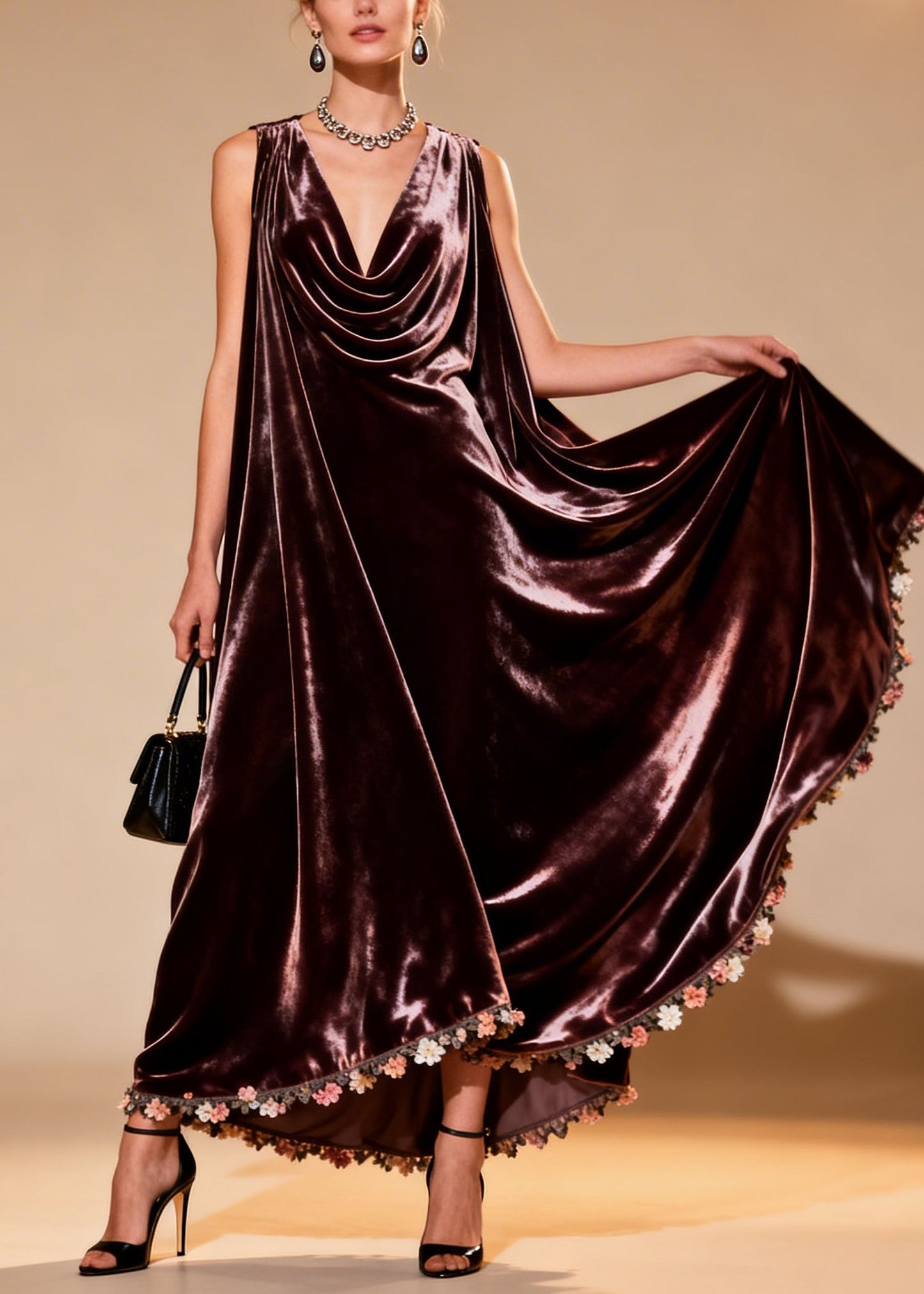 Plus Size Draped Neckline Floral Patchwork Velvet Dress Sleeveless