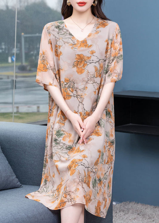 Plus Size Floral V Neck Print Patchwork Silk Mid Dress Summer